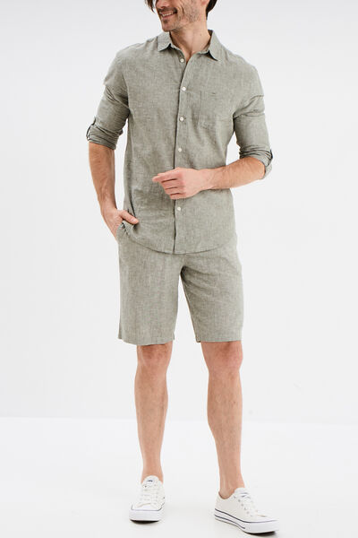 Bermuda chino &agrave; coulisse lin m&eacute;lang&eacute; vert kaki homme