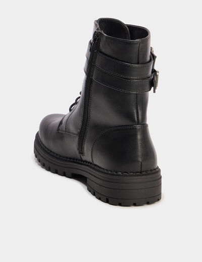 Boots crant&eacute;es &agrave; lacets et boucles noir femme