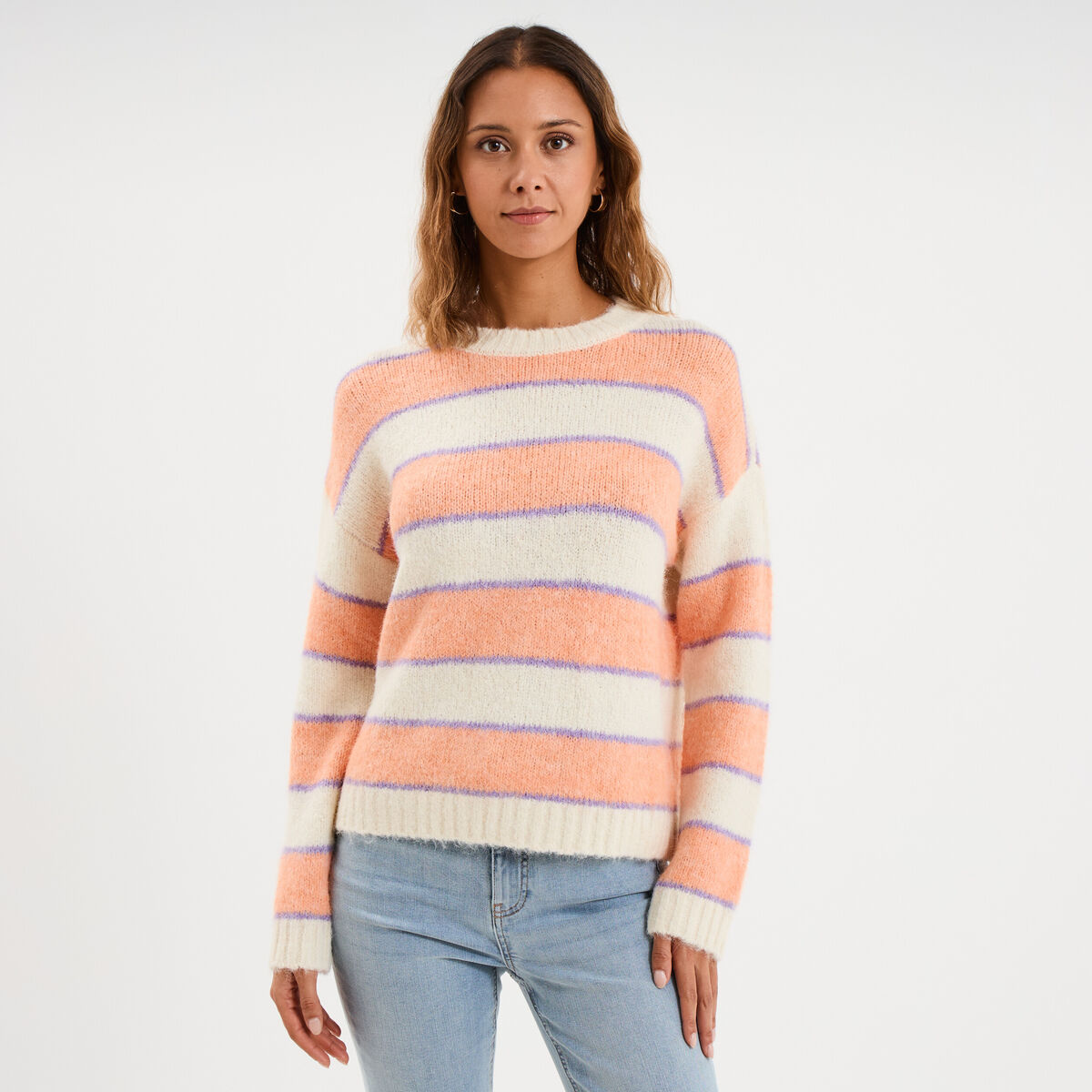 Pull col rond manches longues ecru femme