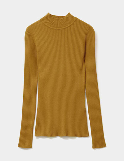 Pull ajusté côtelé col montant vert olive femme