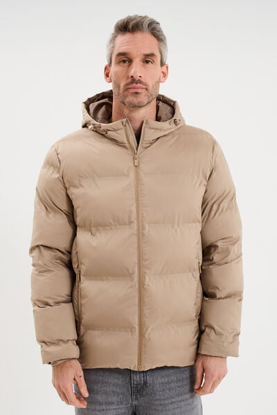 Doudoune courte &agrave; capuche d&eacute;perlante taupe homme