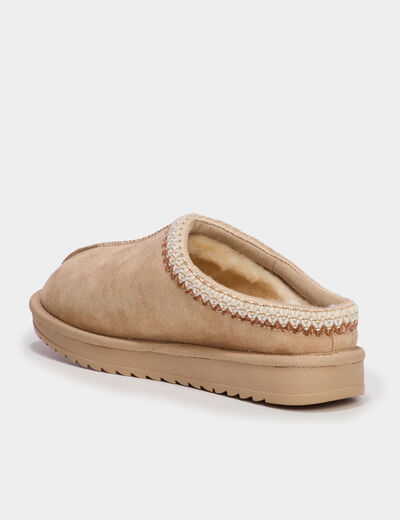 Mules fourr&eacute;es d&eacute;tails brod&eacute;s sable femme