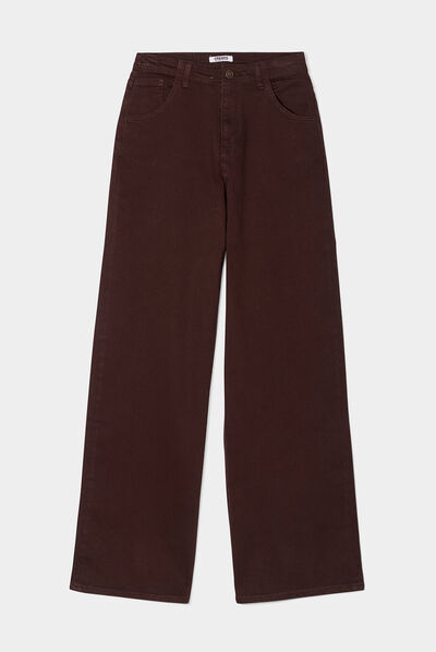 Pantalon large taille haute marron foncé femme