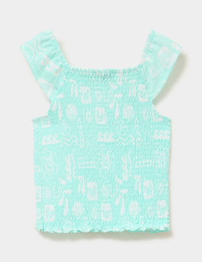 T-shirt smock&eacute; col carr&eacute; avec volants bleu turquoise fille