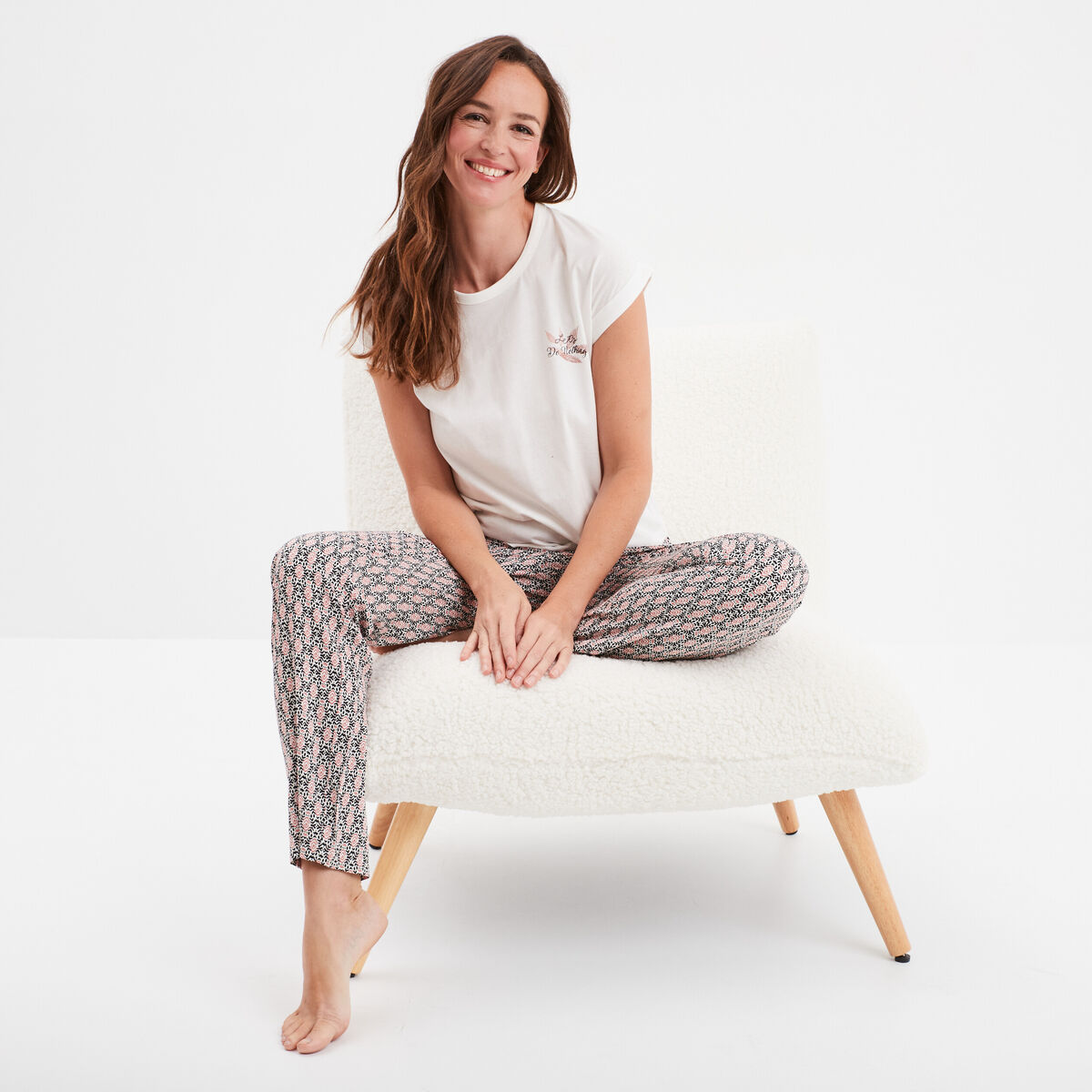 Ensemble pyjama col rond 2 pièces fluide ecru femme