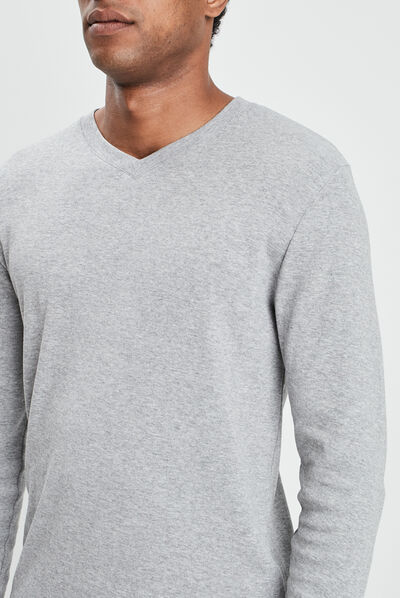 T-shirt manches longues col V gris clair homme