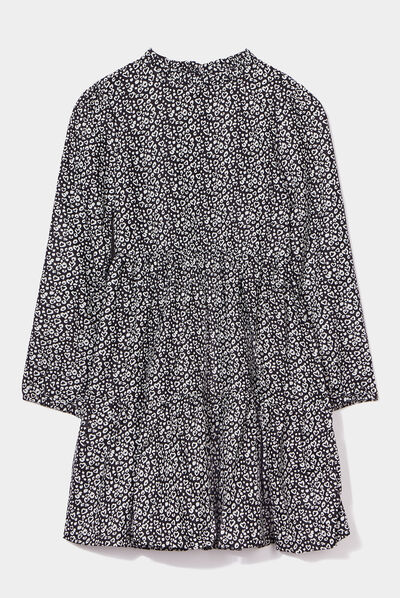 Robe trapèze col montant à volants noir fille