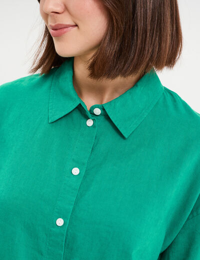 Chemise manches courtes lin m&eacute;lang&eacute; vert canard femme