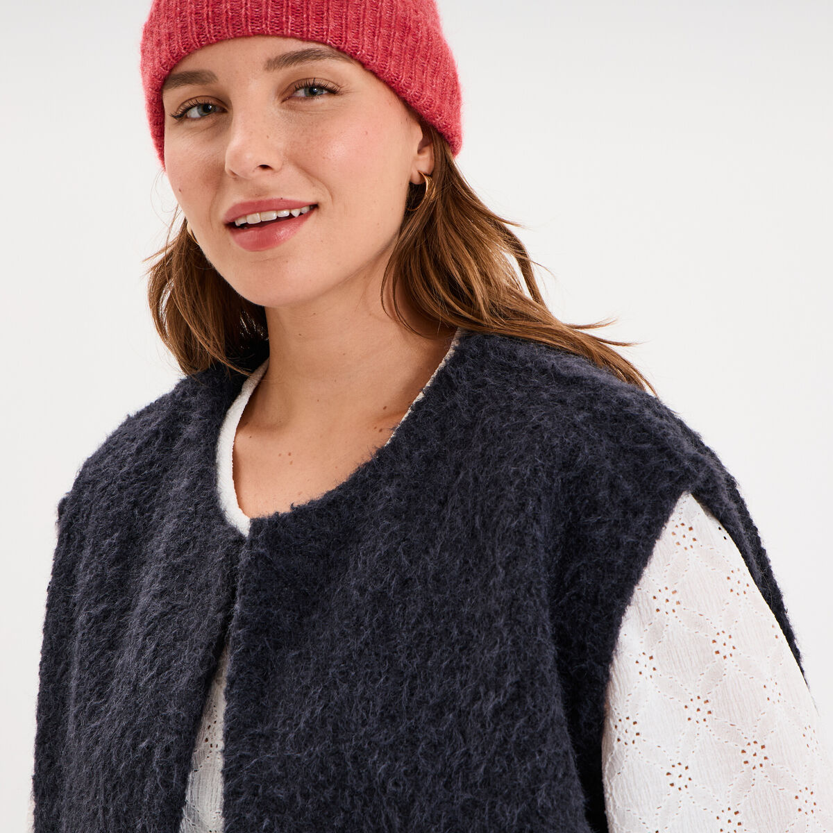 Veste droite sans manches bouclette bleu marine femme grande taille