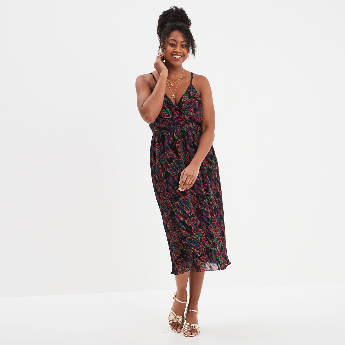 Robe midi plissée cache-coeur Mosquitos noir femme