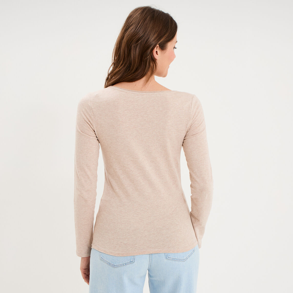 T-shirt manches longues col en V coton beige femme