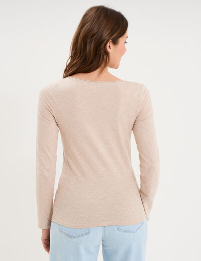 T-shirt manches longues col en V coton beige femme