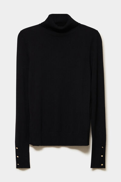 Pull col roul&eacute; avec boutons poignets noir femme