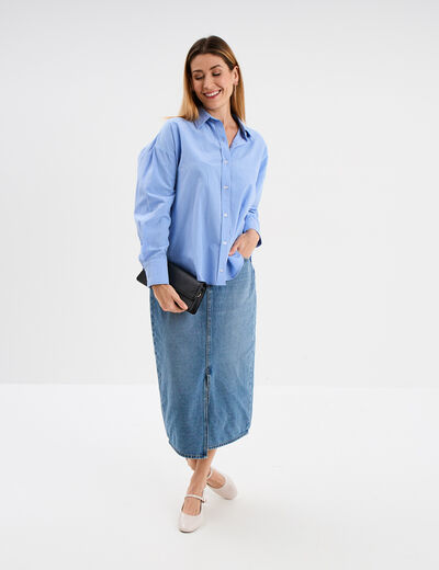 Chemise oversize manches longues coton bleu ciel femme