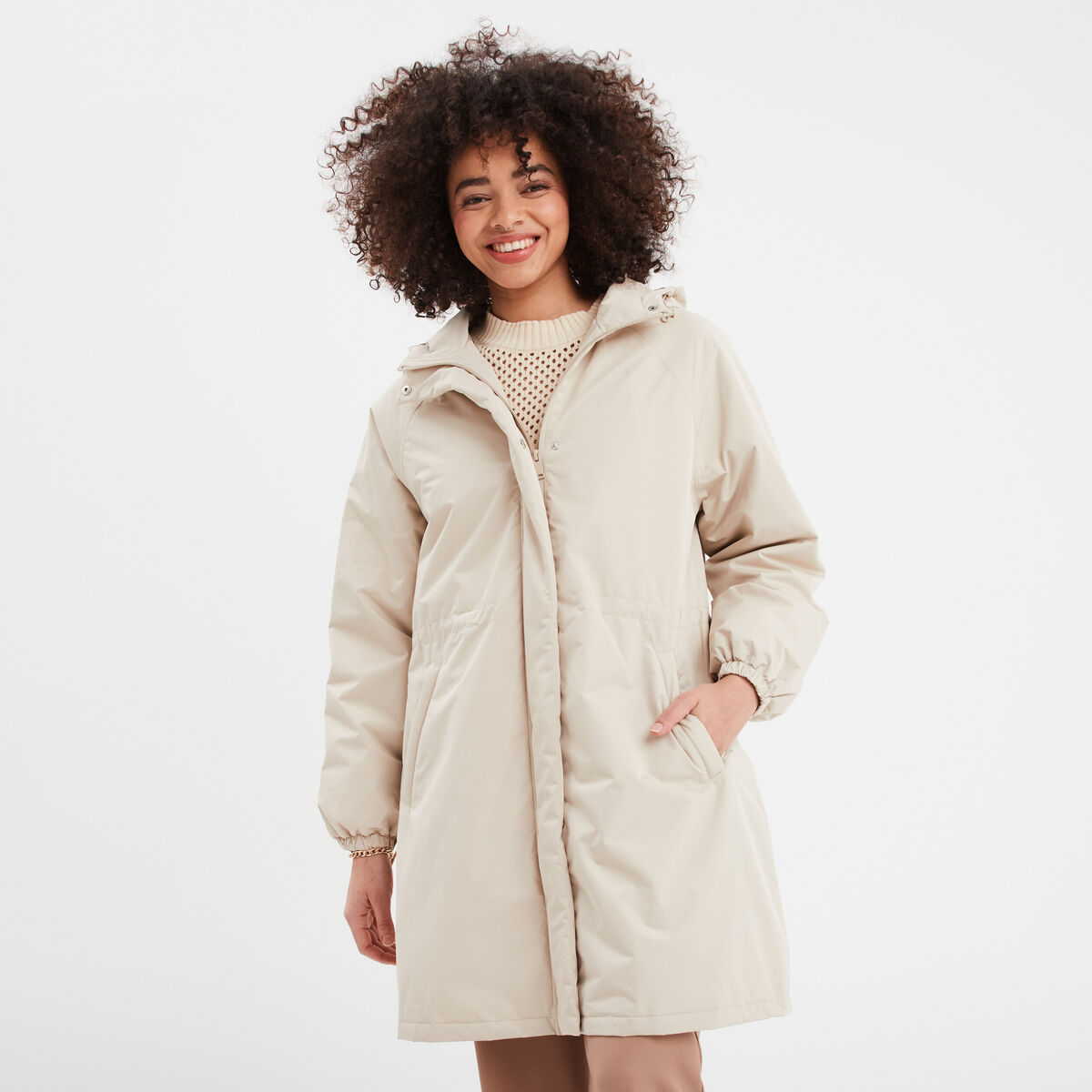 Parka de pluie longue à capuche sable femme