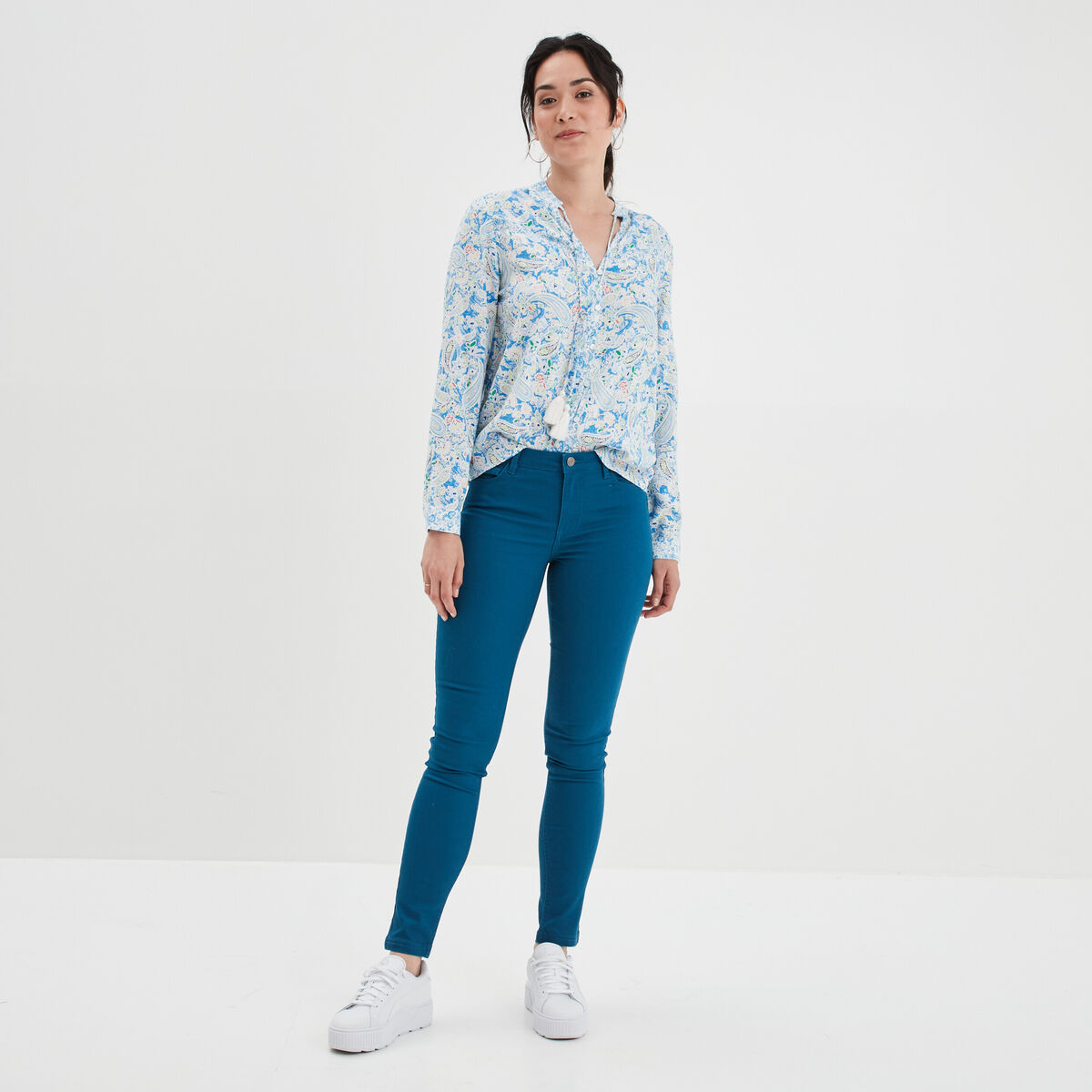 Chemise col cordons à pampilles multicolore femme