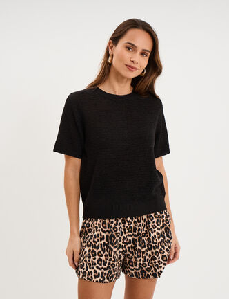 Pull manches courtes col rond noir femme