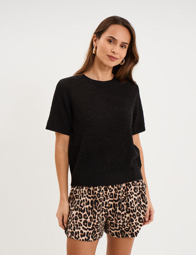Pull manches courtes col rond noir femme