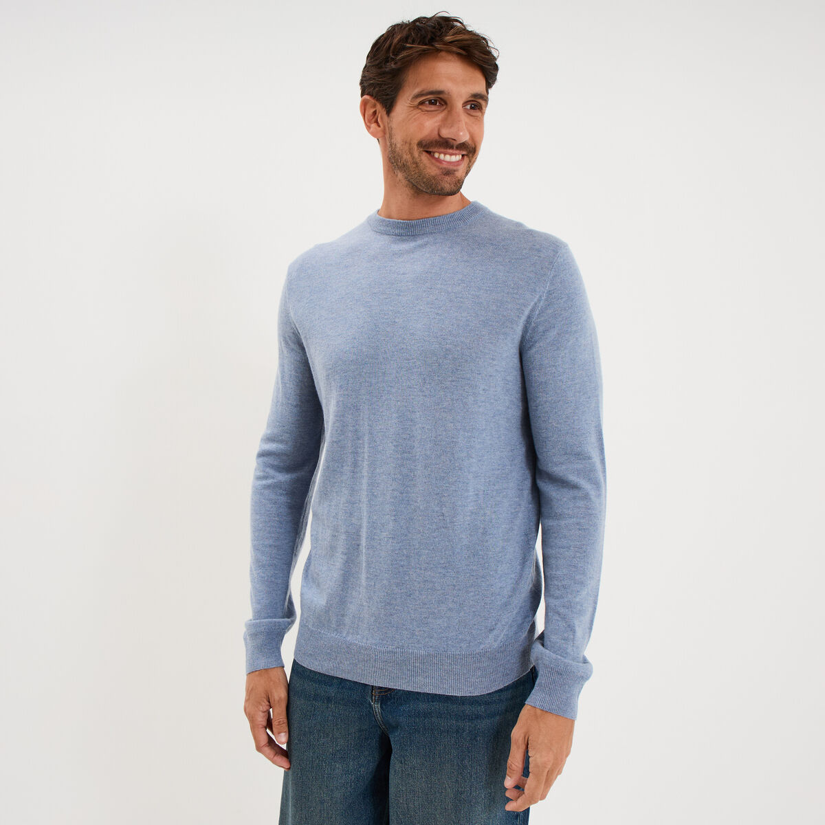 Pull col rond manches longues bleu gris homme