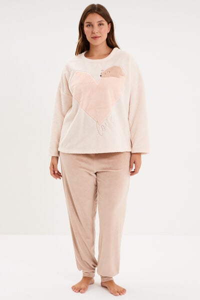 Ensemble pyjama effet velours 2 pi&egrave;ces creme femme grande taille