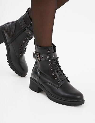 Bottines croco crantées avec boucles noir femme