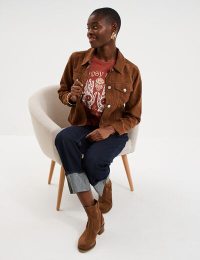 T-shirt ajust&eacute; manches courtes coton terracotta femme