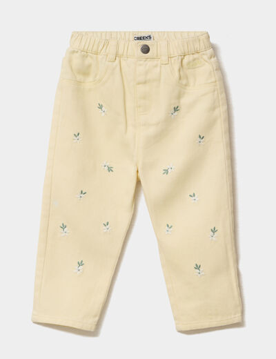 Pantalon ample brod&eacute; coton jaune clair b&eacute;b&eacute; fille