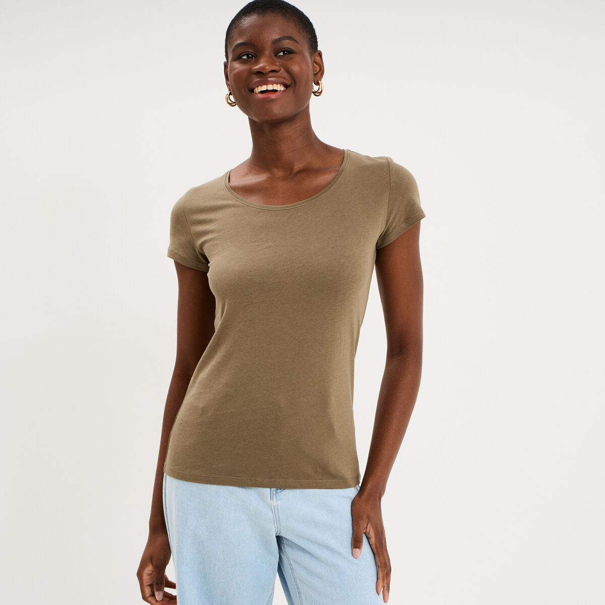 T-shirt coton col rond manches courtes vert kaki femme