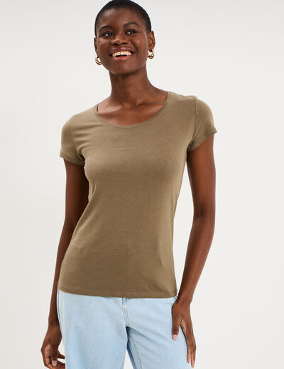 T-shirt coton col rond manches courtes vert kaki femme