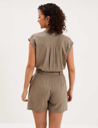 Combishort ceintur&eacute;e lin m&eacute;lang&eacute; vert kaki femme