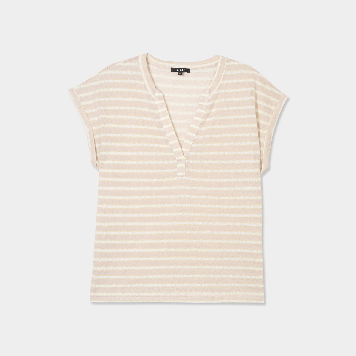 T-shirt col tunisien manches courtes ecru femme