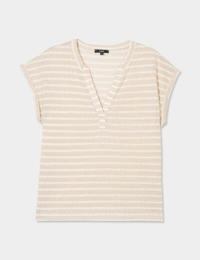 T-shirt col tunisien manches courtes ecru femme