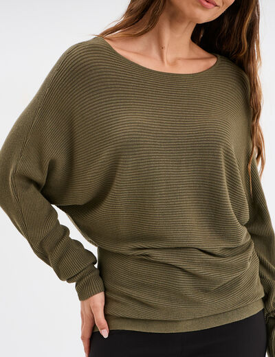 Pull col bateau manches longues vert kaki femme