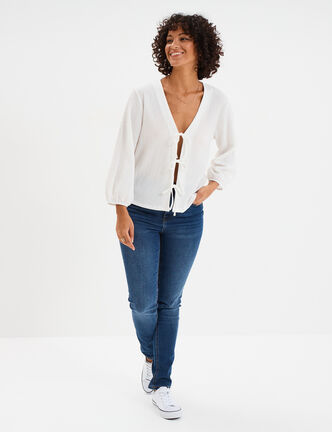 T-shirt noeuds et manches 3/4 blanc femme