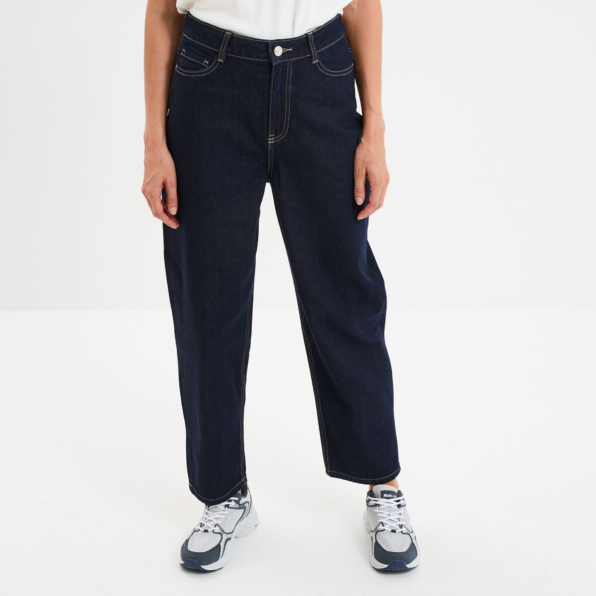 Jean balloon taille haute cropped coton denim brut femme