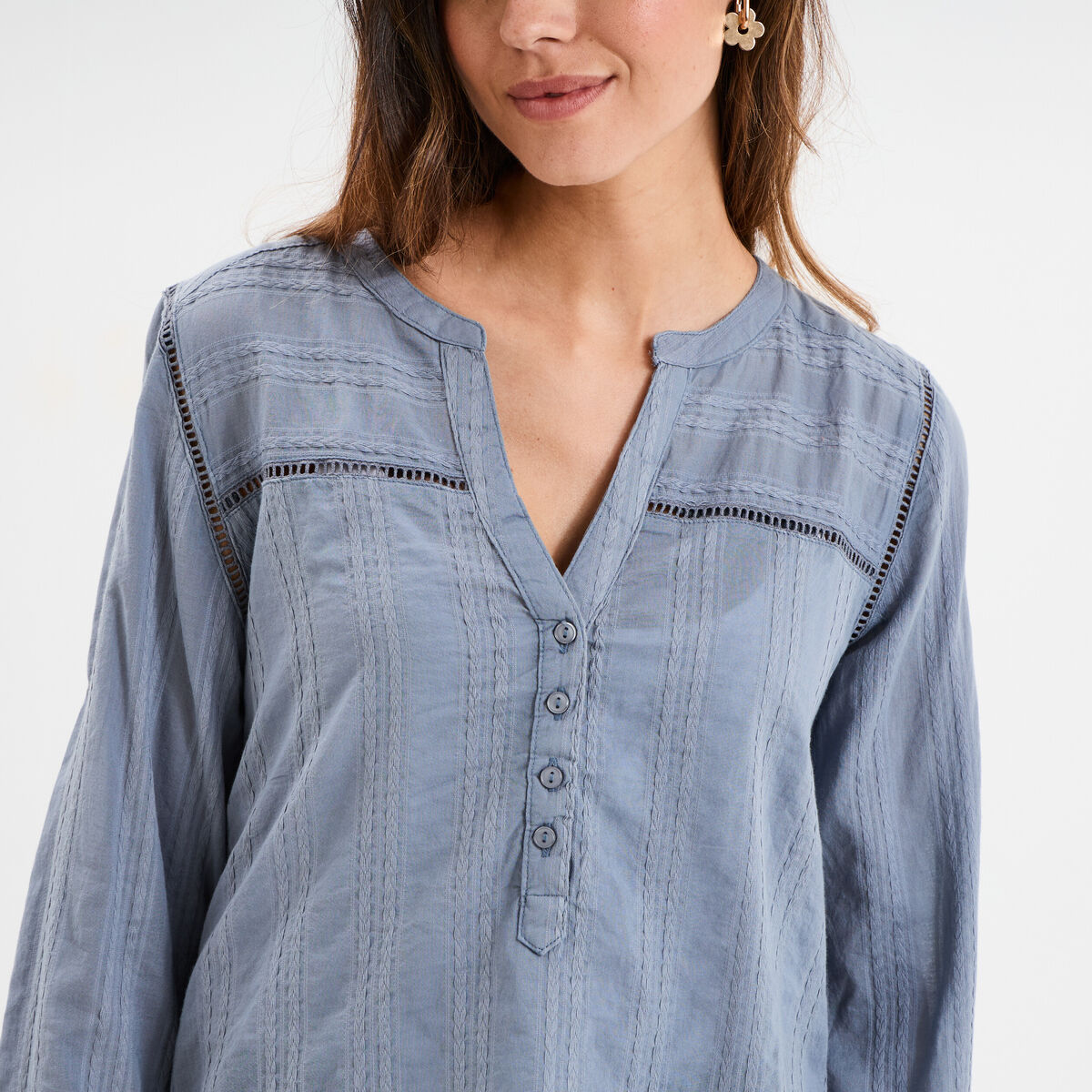 Blouse droite col mao coton bleu gris femme