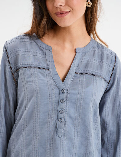 Blouse droite col mao coton bleu gris femme