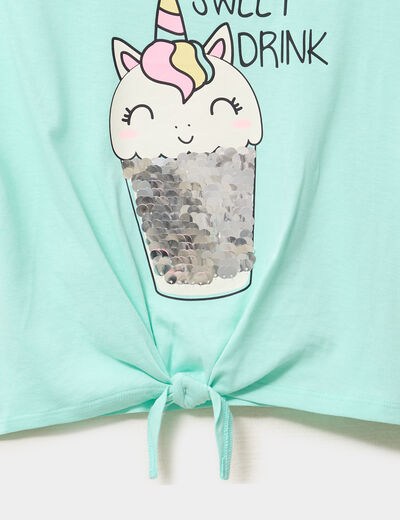 T-shirt nou&eacute; &agrave; sequins manches courtes vert clair fille