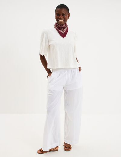 T-shirt brod&eacute; manches courtes coton blanc femme