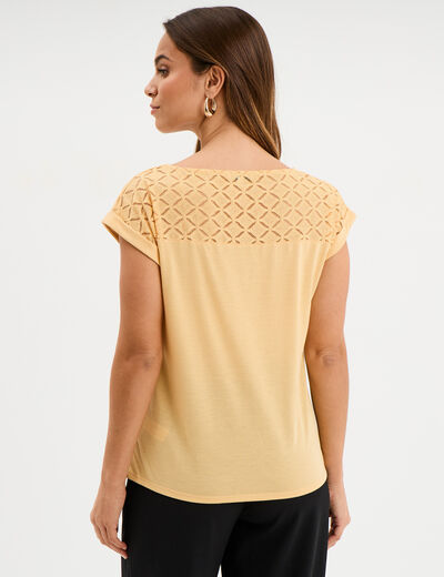 T-shirt col en V dentelle épaules et dos jaune clair femme