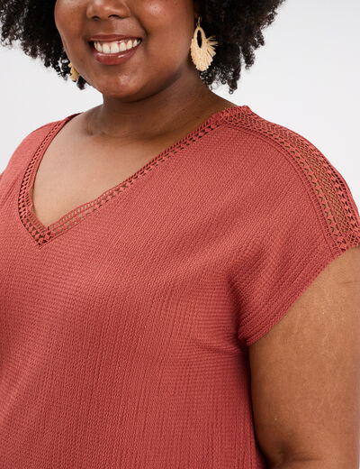 T-shirt bandes dentelle col en V vieux rose femme grande taille