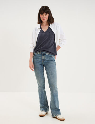 T-shirt col en V manches courtes bleu marine femme