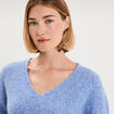Pull col V ajour&eacute; manches longues bleu ciel femme