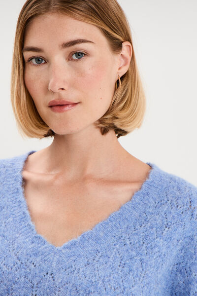 Pull col V ajour&eacute; manches longues bleu ciel femme