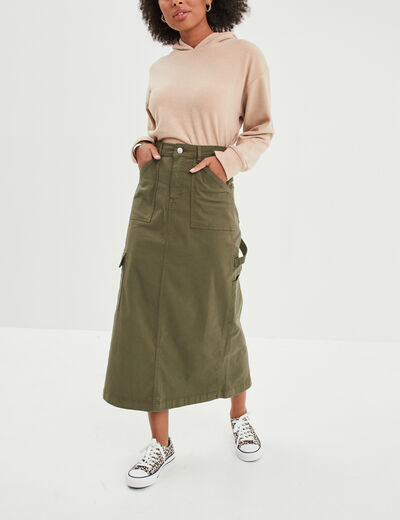 Jupe midi droite 5 poches vert kaki femme
