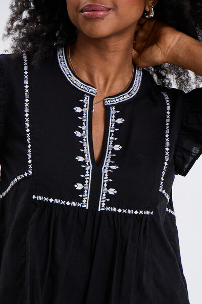 Blouse brod&eacute;e &agrave; volants coton noir femme