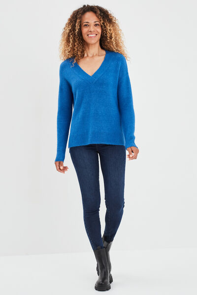 Pull col en V fentes aux côtés bleu roi femme