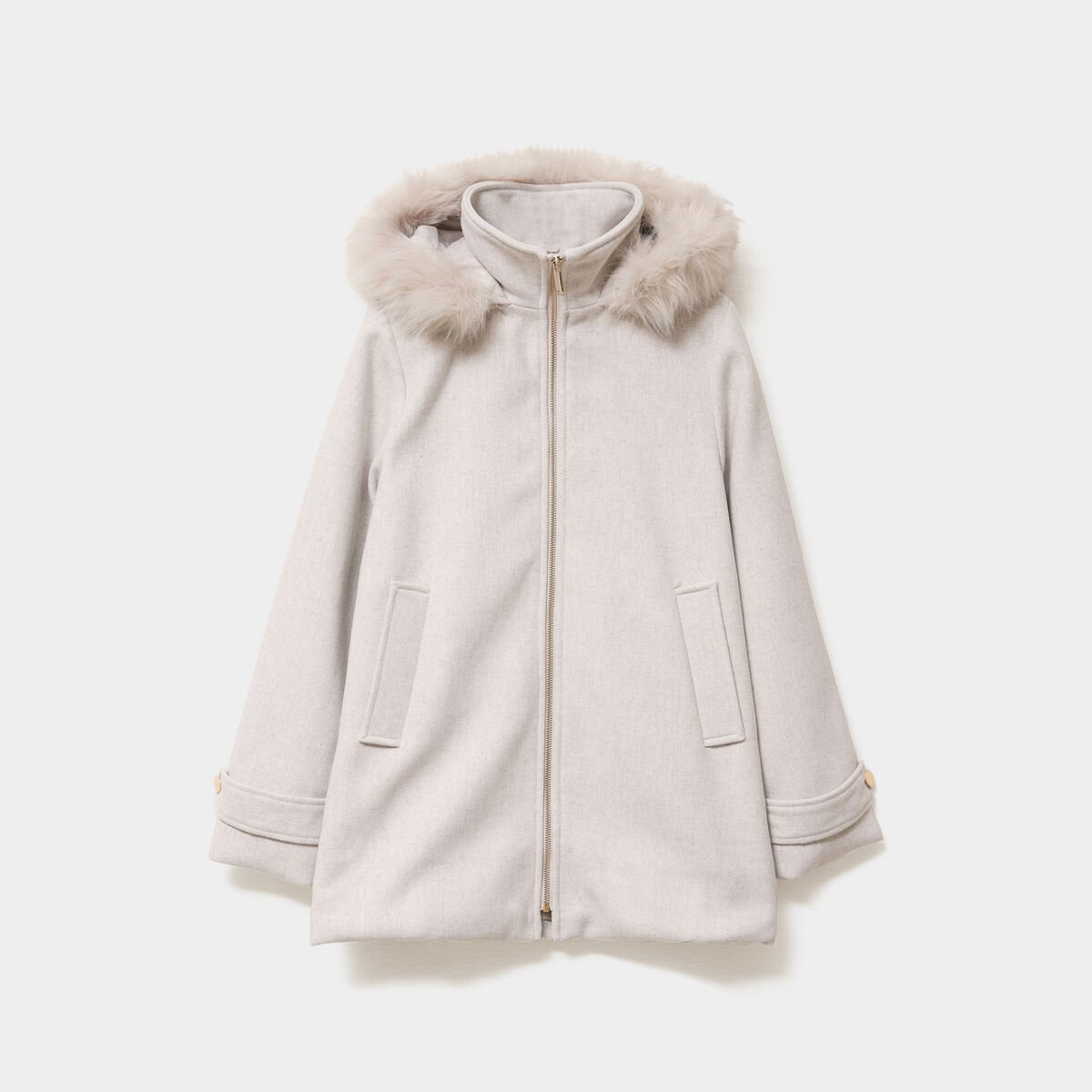 Manteau &agrave; capuche fausse fourrure gris clair femme