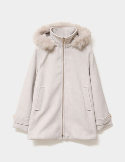 Manteau &agrave; capuche fausse fourrure gris clair femme