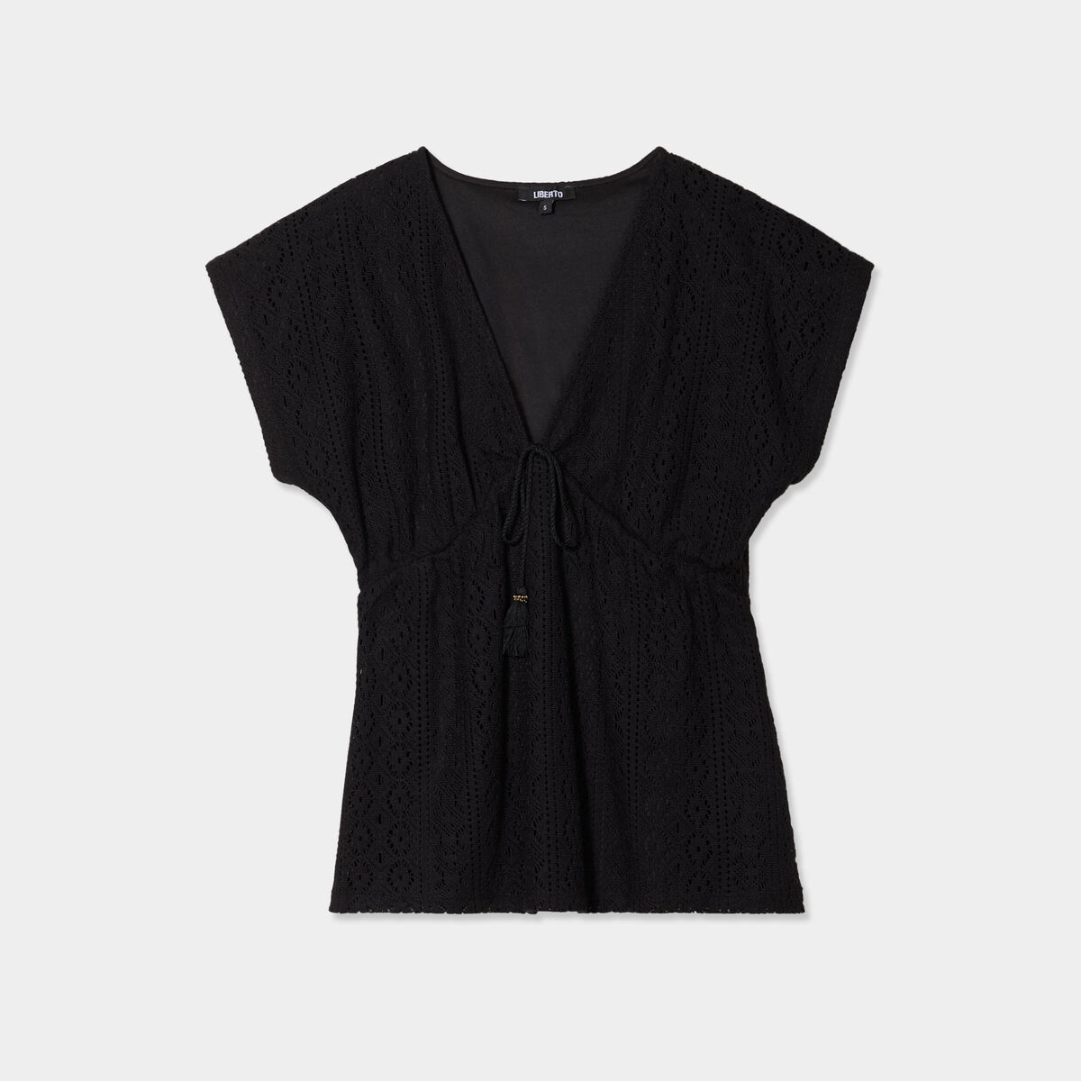 T-shirt dentelle col en V noeud noir femme